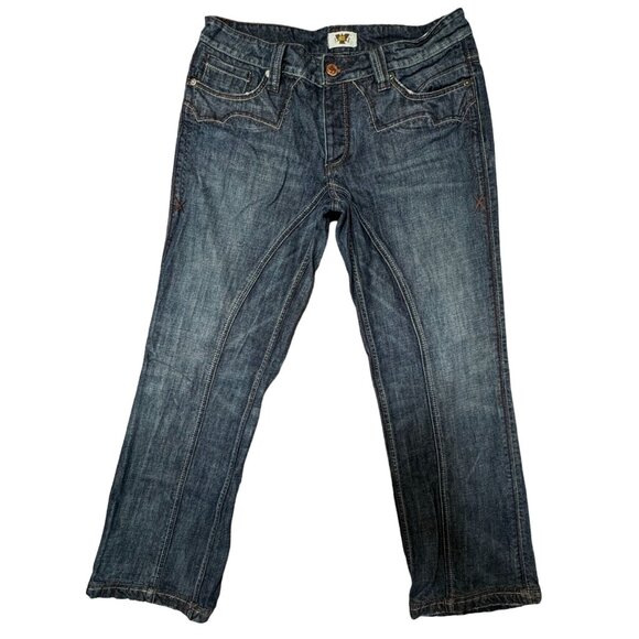 Antik Jeans Mens 33 Actual 34x30 Embroidered Pocket Brown Stitching Button Fly - Picture 2 of 14